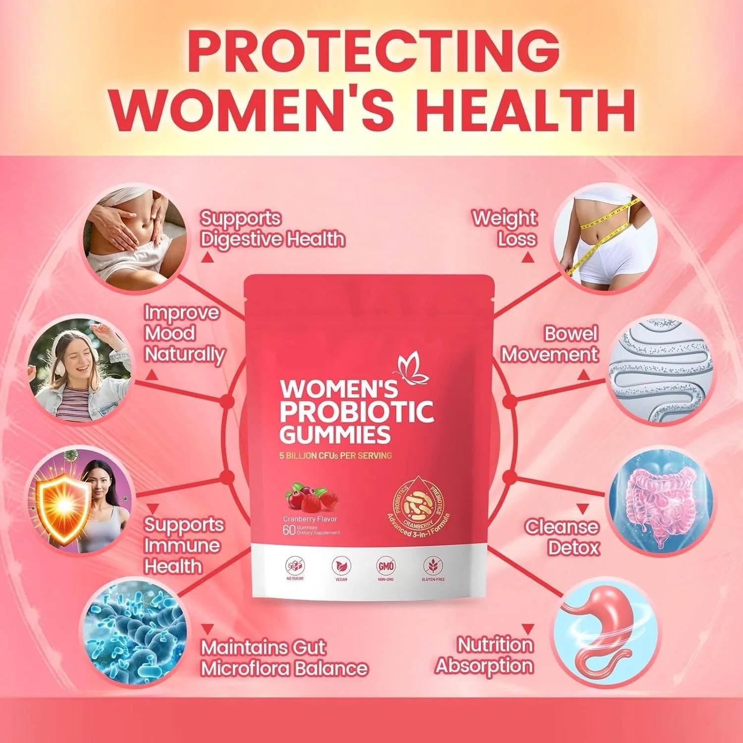 Women's Balance Probiotic Gummie Balanced Flora Vitamin c Immune Support Vegetarian Sour Gummie Cranberry Gummie - Wellness Wave Fitness
