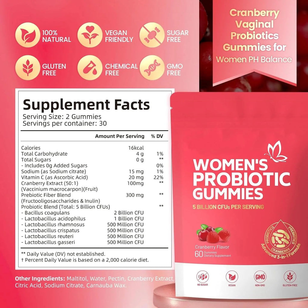 Women's Balance Probiotic Gummie Balanced Flora Vitamin c Immune Support Vegetarian Sour Gummie Cranberry Gummie - Wellness Wave Fitness